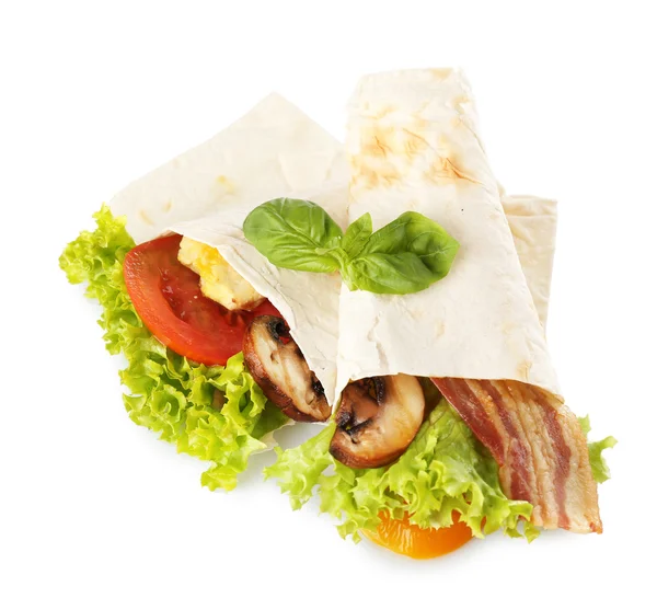Veggie wrap filled with chicken and fresh vegetables isolated on white — Stock Photo, Image