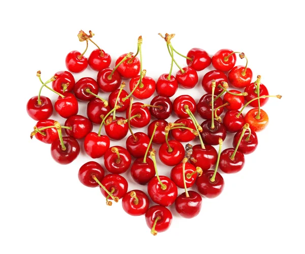 Sweet cherries in shape of heart, isolated on white — Stock Photo, Image