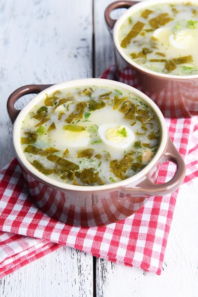 美味的绿色汤与上表特写酢浆草 — 图库照片