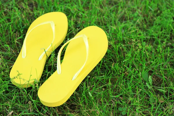 Bright flip-flops on green grass — Stock Photo, Image