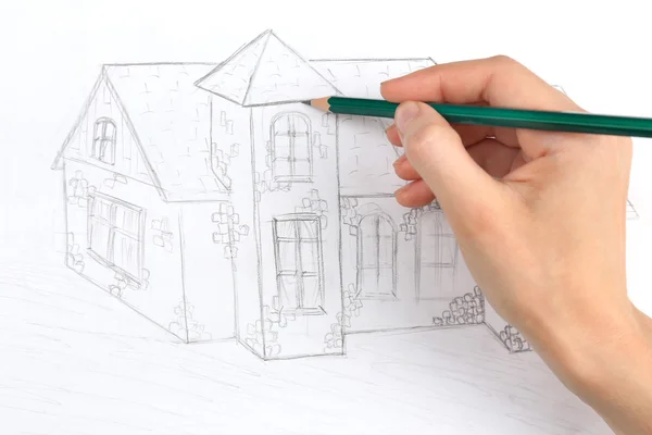 Kids drawing of house on table, close up — Stock Photo, Image