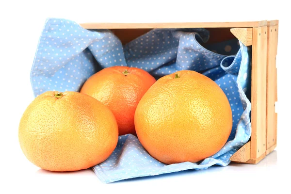 Ripe grapefruits in wooden box isolated on white — Stock Photo, Image