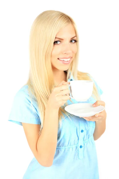 お茶のカップを持つ若い美しい女性 — ストック写真