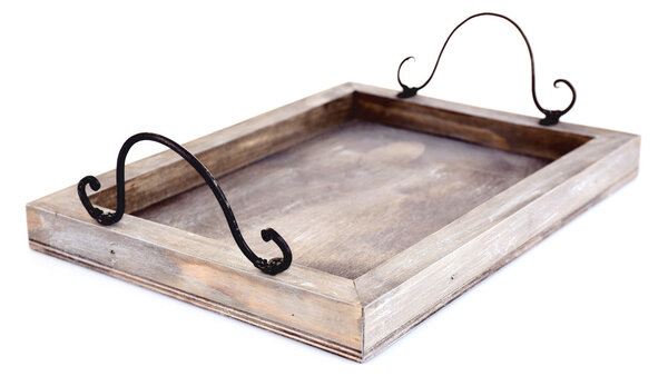 Decorative old wooden tray, isolated on white