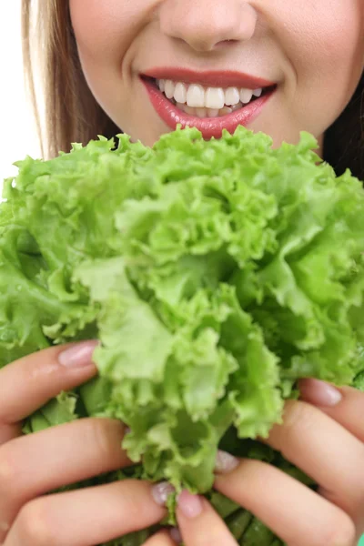 Beautiful girl with fresh lettuce — Stock Photo, Image