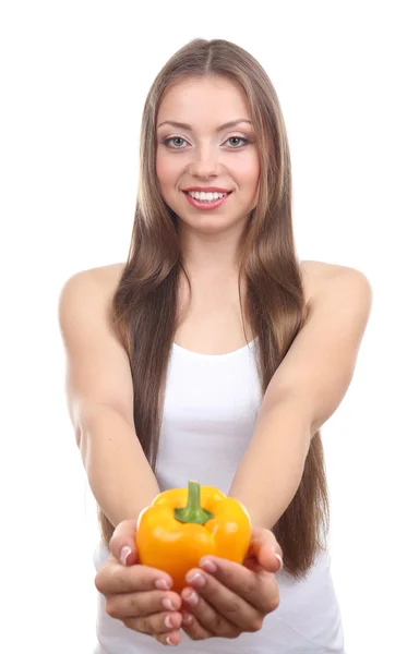 Beautiful girl with yellow pepper — Stock Photo, Image