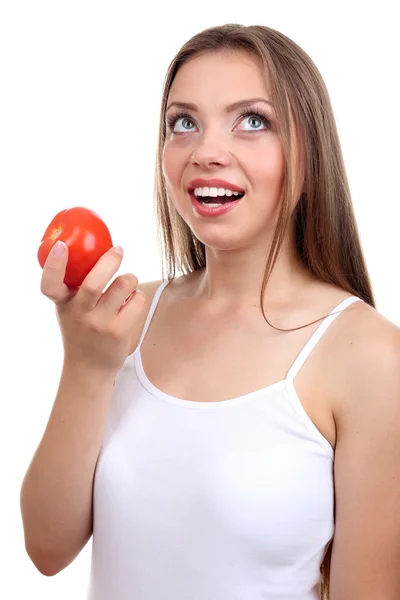 番茄的漂亮女孩 — 图库照片