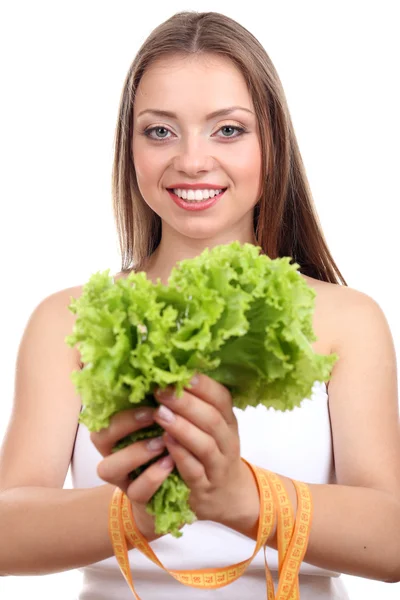 Beautiful girl with lettuce and measuring tape — Stock Photo, Image