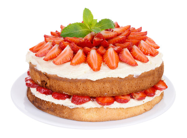 Delicioso pastel de galletas con fresas aisladas en blanco — Foto de Stock