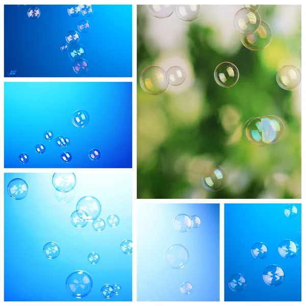 Collage of soap bubbles on blue background — Stock Photo, Image