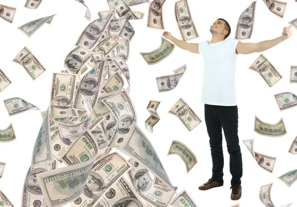 Hombre feliz disfrutando de la lluvia de dinero, aislado en blanco — Foto de Stock