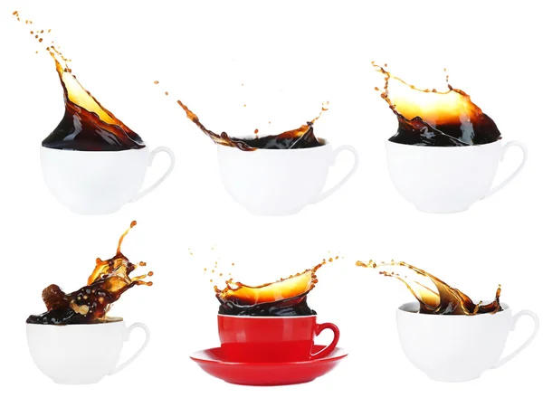 Collage of cups of coffee with splashes, isolated on white — Stock Photo, Image