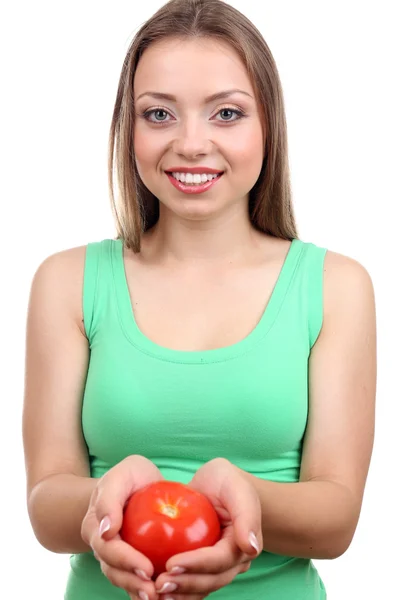 Menina bonita com tomate — Fotografia de Stock