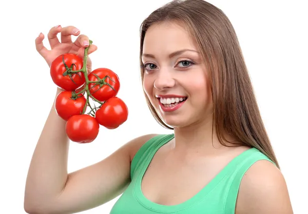 番茄的漂亮女孩 — 图库照片