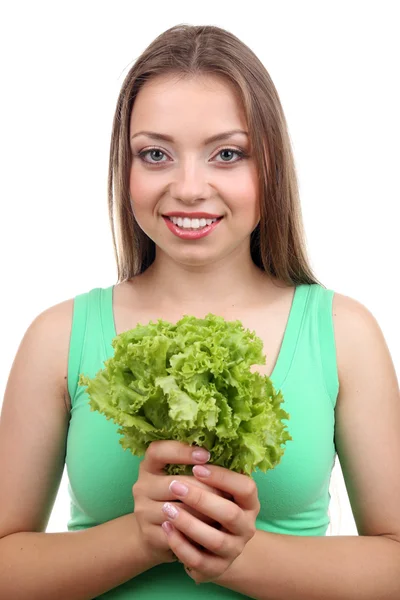 Beautiful girl with fresh lettuce — Stock Photo, Image