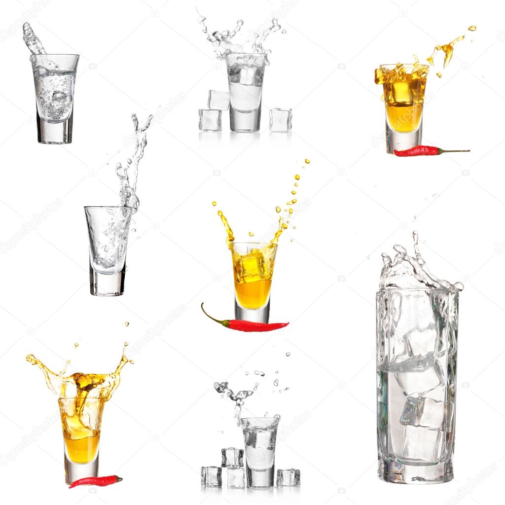 Collage of glasses vodka with splashes isolated on white