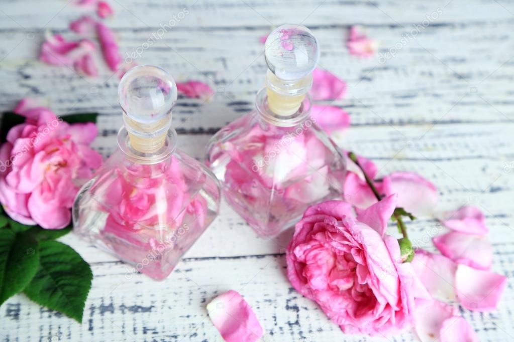 Rose oil in bottles