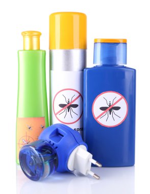 Bottles with mosquito repellent cream and fumigator clipart