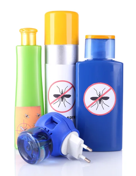 Bottles with mosquito repellent cream and fumigator — Stock Photo, Image