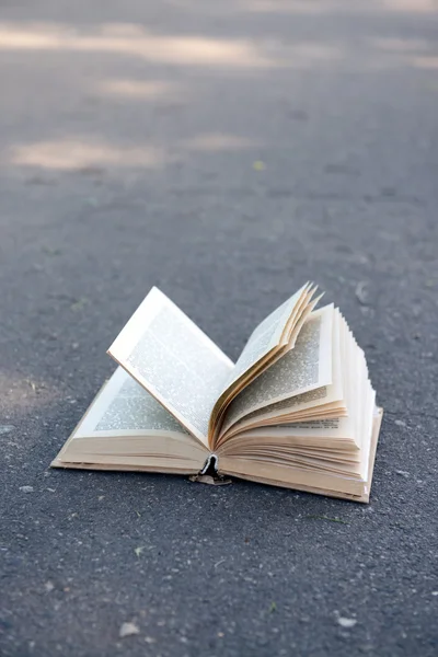 Libro abierto sobre la carretera al aire libre — Foto de Stock