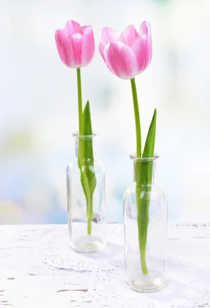 Hermosos tulipanes en cubo en jarrón en la mesa — Foto de Stock