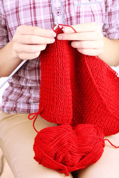 Female hands knitting with spokes close up — Stock Photo, Image