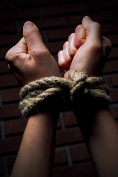 Tied hands on dark background — Stock Photo, Image