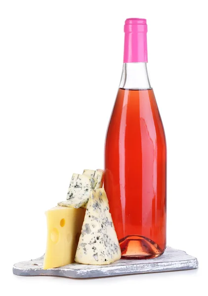 Pink wine and different kinds of cheese isolated on white — Stock Photo, Image