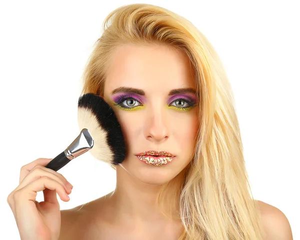 Beautiful woman with bright make-up and brushes — Stock Photo, Image