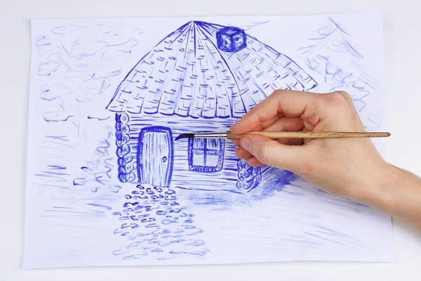 Kids drawing of house on table, close up — Stock Photo, Image