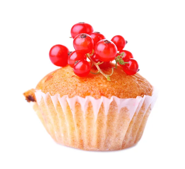 Tasty muffin with red currant isolated on white — Stock Photo, Image