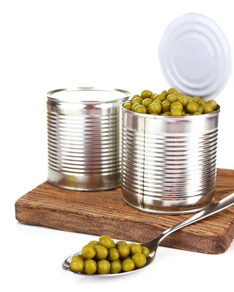 Canned peas in opened tin, isolated on white — Stock Photo, Image