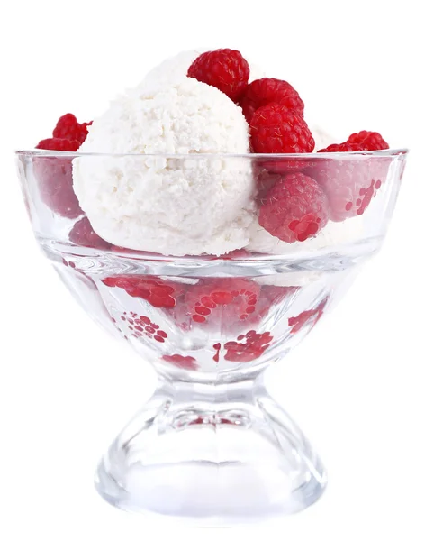 Creamy ice cream with raspberries on plate in glass bowl, isolated on white — Stock Photo, Image