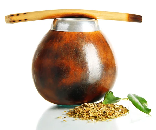 Calabash e bombilla con yerba mate isolate su bianco — Foto Stock