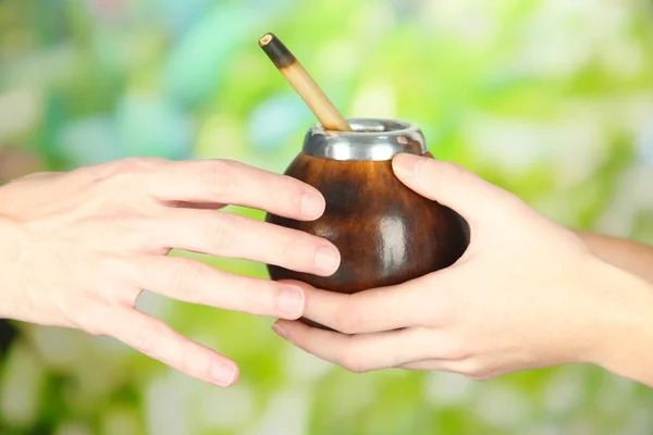Woman hands giving calabash and bombilla with yerba mate, on nature background — Stock Photo, Image