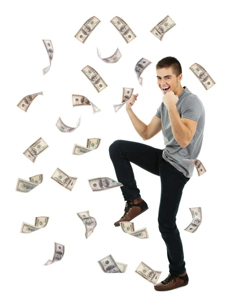 Uomo felice godendo pioggia di soldi — Foto Stock