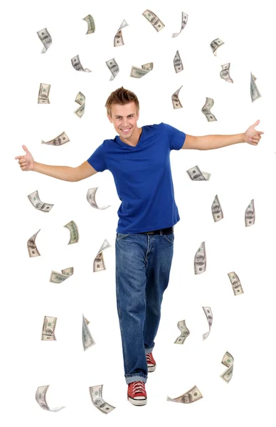 Felice uomo godendo pioggia di soldi, isolato su bianco — Foto Stock