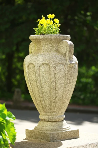 Steinpflanzer mit Blumen in der Nähe der Hauseinfahrt — Stockfoto