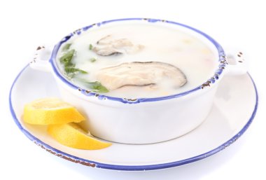 Tasty soup with oysters, isolated on white clipart