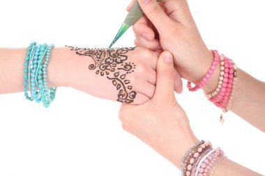 Process of applying Mehndi on female hand, isolated on white clipart