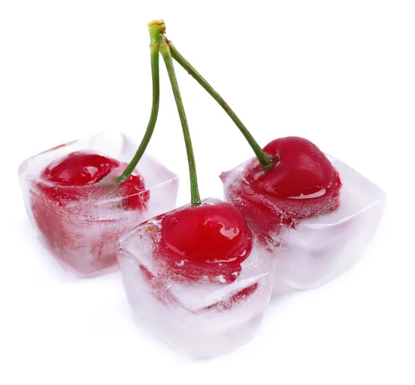 Cherry in ice cube isolated on white — Stock Photo, Image