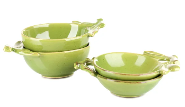 Green empty bowls for olive oil and olives  isolated on white — Stock Photo, Image