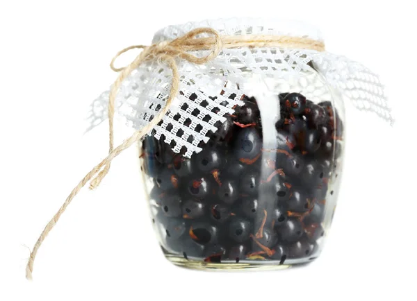 黑穗醋栗果在孤立的白色衬底上的玻璃罐中 — 图库照片