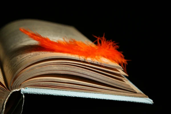 Pluma acostada en páginas de libro abierto, aislada en negro — Foto de Stock