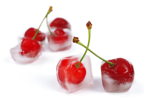 Cherry in ice cube isolated on white — Stock Photo, Image
