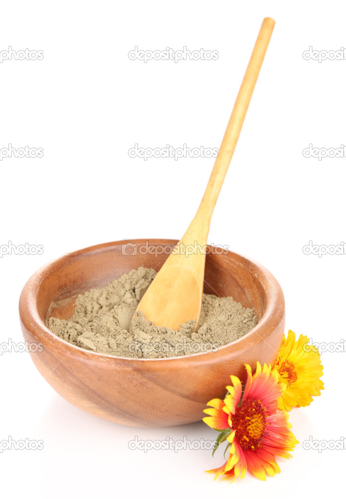 Dry henna powder in bowl, isolated on white