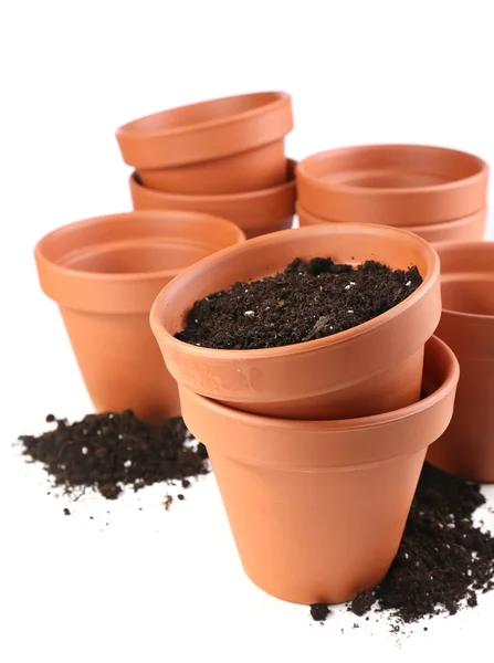 Clay flower pots and soil — Stock Photo, Image