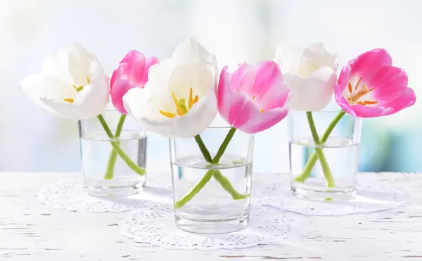 Tulipas bonitas em balde em vaso na mesa — Fotografia de Stock