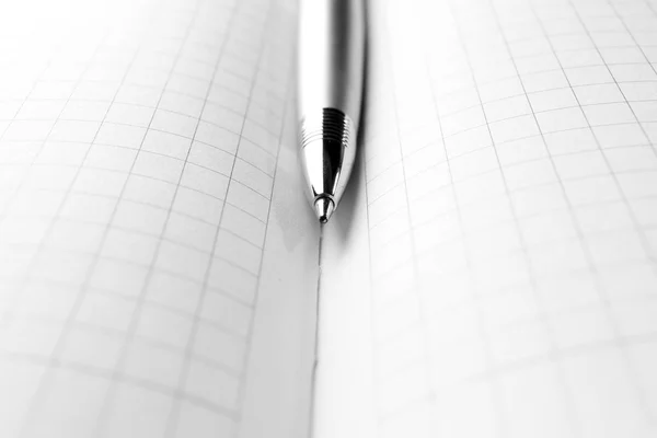 Penna på öppnade bok, närbild — Stockfoto