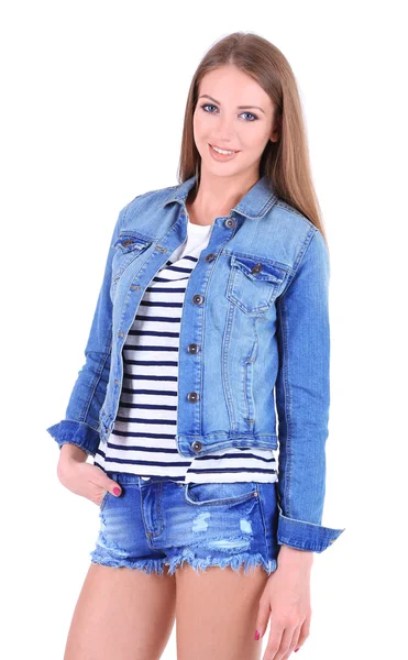 Schönes junges Mädchen in kurzen Hosen, Jacke und T-Shirt isoliert auf weiß — Stockfoto